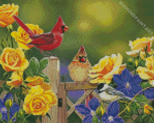 Birds With Flowers And Fence Diamond Painting