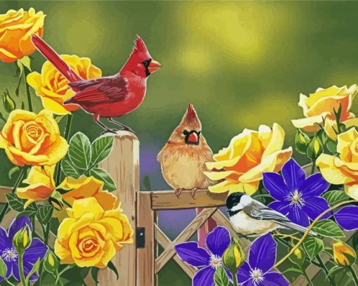 Birds With Flowers And Fence Diamond Painting