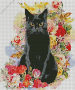 Black Cat And Flowers Diamond Painting