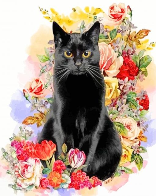 Black Cat And Flowers Diamond Painting