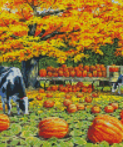 Harvest Wagon Cows And Pumpkins Fall Scene Diamond Painting