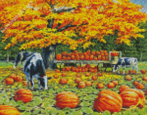 Harvest Wagon Cows And Pumpkins Fall Scene Diamond Painting