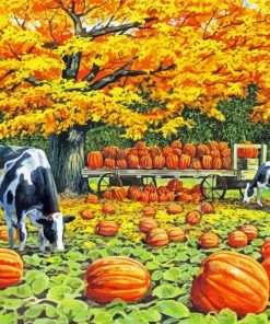 Harvest Wagon Cows And Pumpkins Fall Scene Diamond Painting