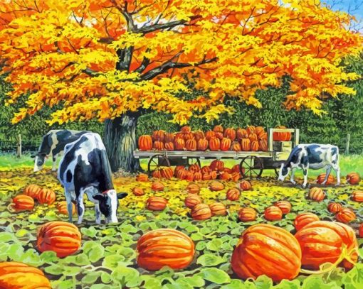 Harvest Wagon Cows And Pumpkins Fall Scene Diamond Painting