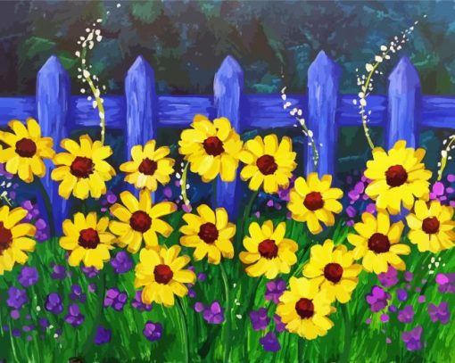 Yellow Flowers And Fence Art Diamond Painting