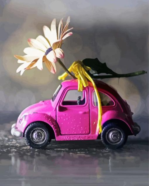 Flowers And Pink Car Diamond Painting