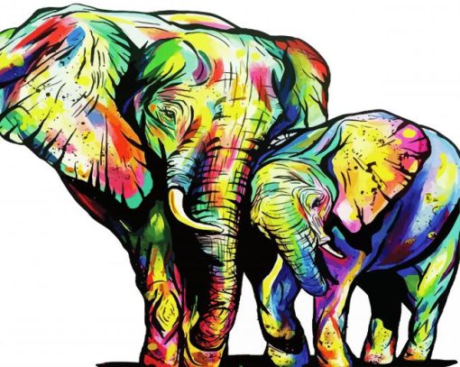 Colorful Mama And Baby Elephants Diamond Painting