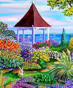 Gazebo By The Sea And Flowers Diamond Painting