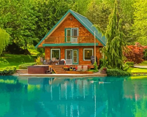 Aesthetic House By A Lake Diamond Painting