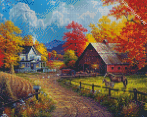 Barn And Horses In Farm Diamond Painting