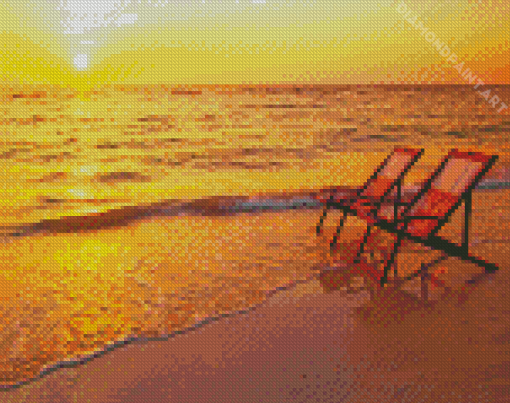 Deck Chairs On The Beach At Sunset Diamond Paintings