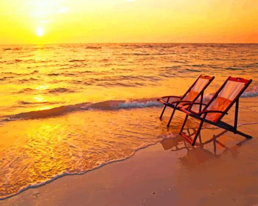 Deck Chairs On The Beach At Sunset Diamond Paintings