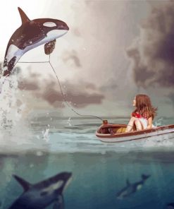 Girl On Boat And Whales Diamond Painting