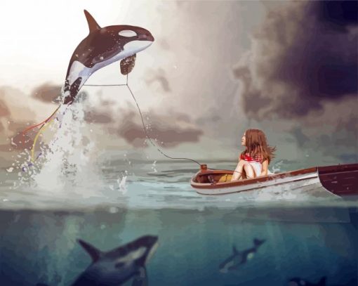 Girl On Boat And Whales Diamond Painting