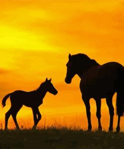 Horse And Foal Sunset Silhouette Diamond Painting