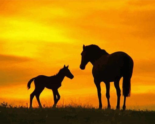 Horse And Foal Sunset Silhouette Diamond Painting