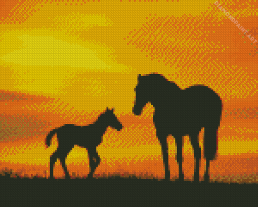 Horse And Foal Sunset Silhouette Diamond Painting