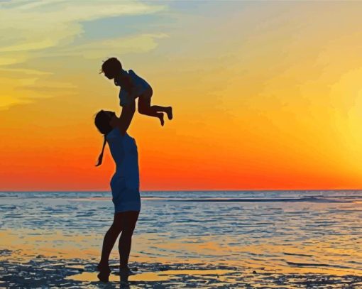 Mother And Son On Beach Diamond Paintings