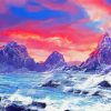 Pink Sunset With Mountain And Waves Art Diamond Paintings