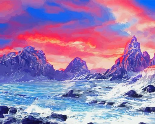 Pink Sunset With Mountain And Waves Art Diamond Paintings