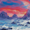 Pink Sunset With Mountain And Waves Art Diamond Paintings