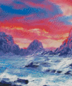 Pink Sunset With Mountain And Waves Art Diamond Paintings