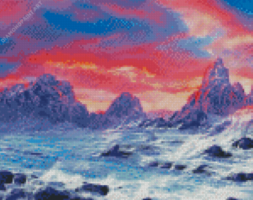 Pink Sunset With Mountain And Waves Art Diamond Paintings