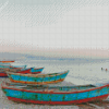 Row Of Wood Boats On Beach Art Diamond Paintings