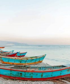 Row Of Wood Boats On Beach Art Diamond Paintings