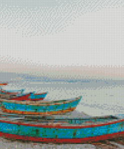 Row Of Wood Boats On Beach Art Diamond Paintings