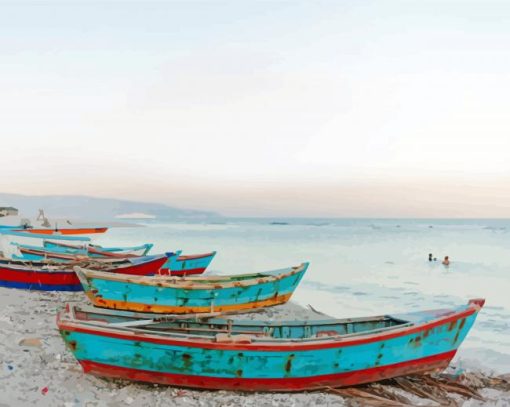 Row Of Wood Boats On Beach Art Diamond Paintings