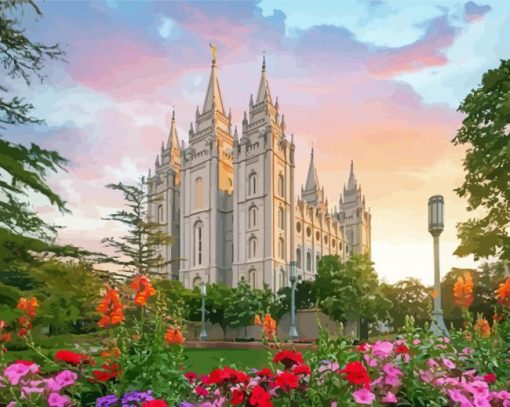 Salt Lake Utah Temple And Flowers Diamond Painting