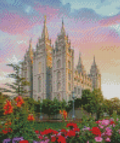 Salt Lake Utah Temple And Flowers Diamond Painting