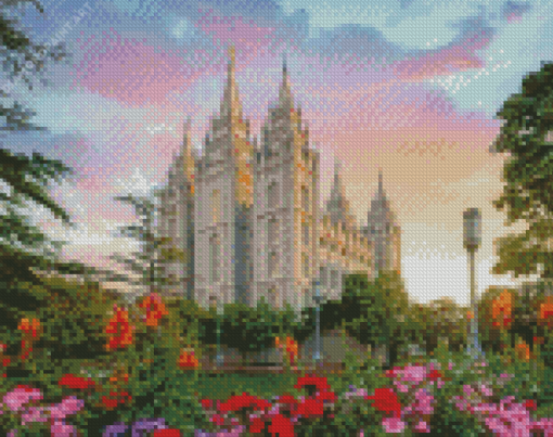 Salt Lake Utah Temple And Flowers Diamond Painting