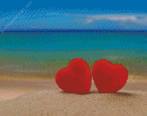 Aesthetic Beach With Red Hearts In Sand Diamond Paintings