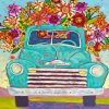 Blue Truck With Flowers Diamond Paintings