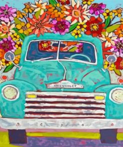 Blue Truck With Flowers Diamond Paintings