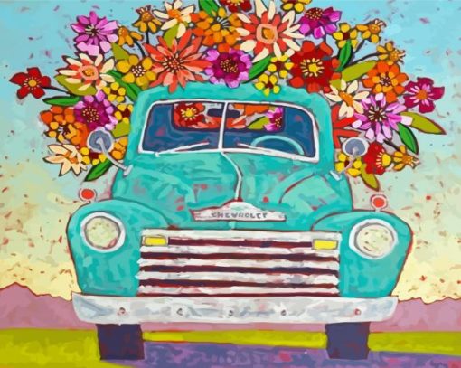 Blue Truck With Flowers Diamond Paintings