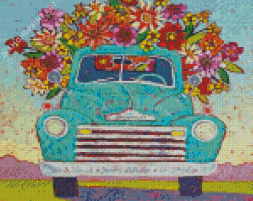 Blue Truck With Flowers Diamond Paintings