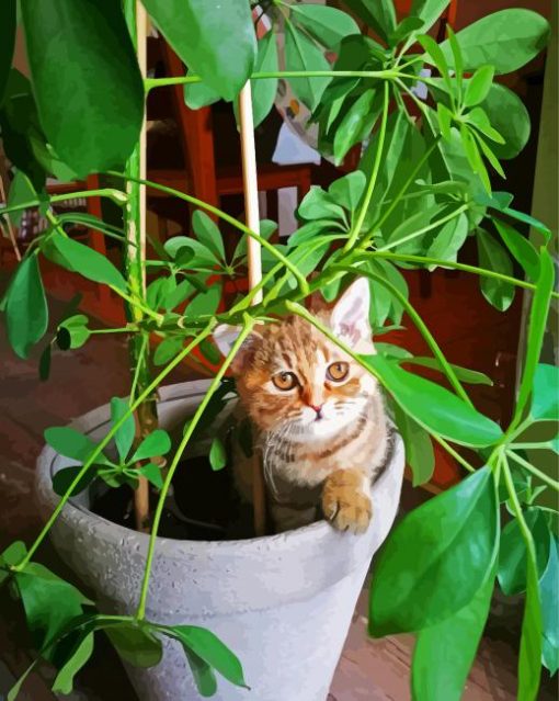 Cat Sitting On Potted Plant Diamond Paintings