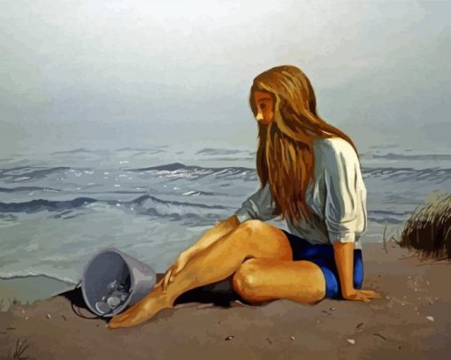 Cute Woman Sitting On Beach Diamond Painting