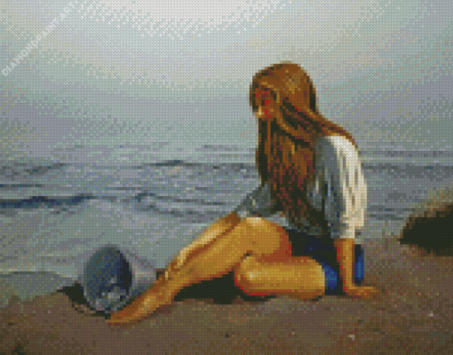 Cute Woman Sitting On Beach Diamond Painting