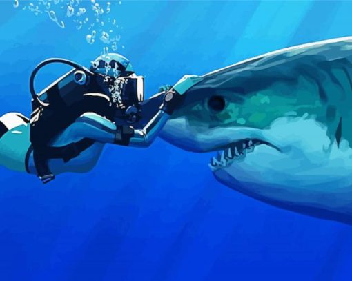 Diver And Great White Shark Diamond Painting