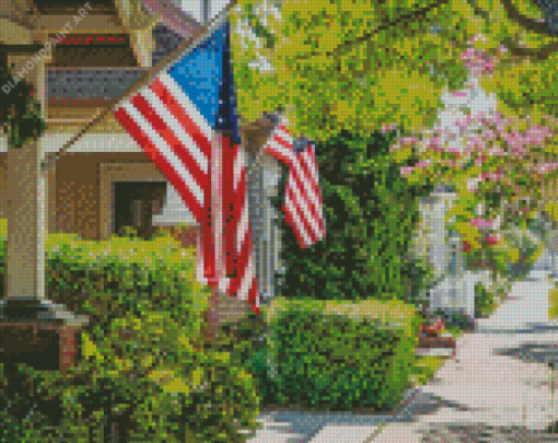 Houses With American Flag Diamond Painting