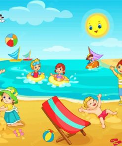 Kids Playing Beach Illustration Diamond Painting