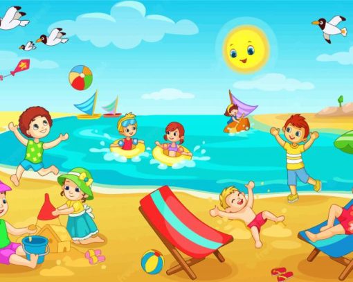 Kids Playing Beach Illustration Diamond Painting