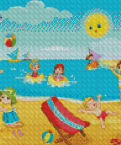 Kids Playing Beach Illustration Diamond Painting