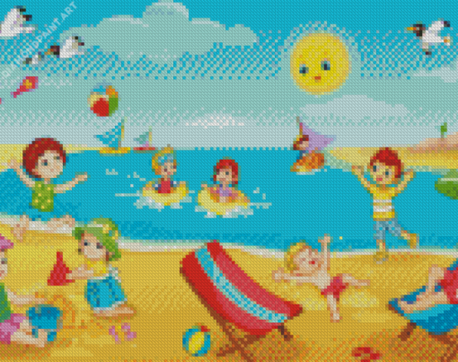 Kids Playing Beach Illustration Diamond Painting