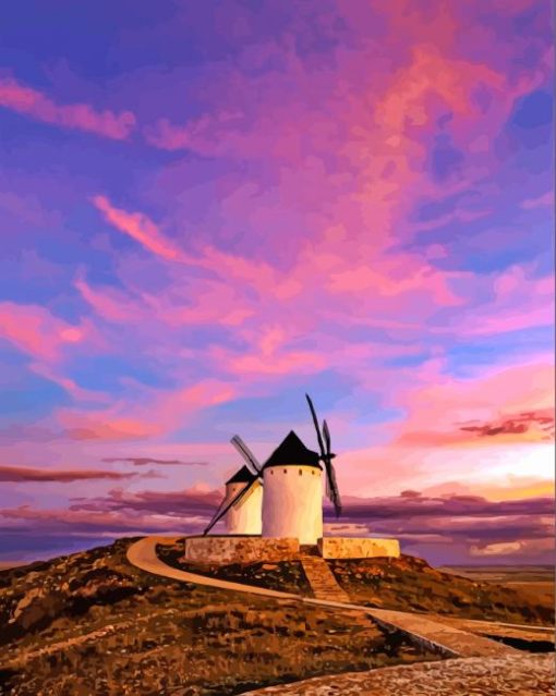 La Mancha Windmills At Sunset Diamond Painting