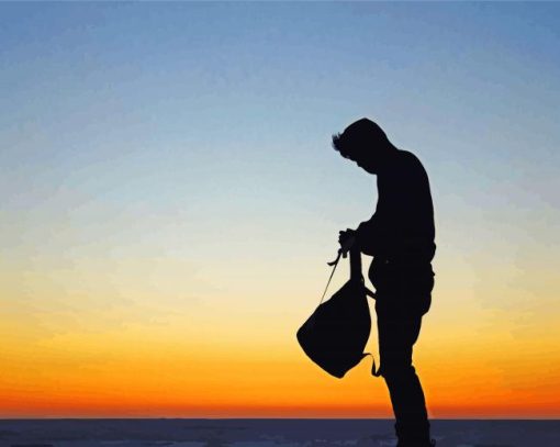 Man Holding Backpack Silhouette Diamond Painting